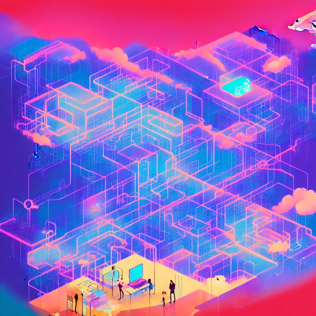 Prompt: illustration of a data-center architecture schema, connector, firewall, cloud, security, datastream or river, painting by Jules Julien, Leslie David and Lisa Frank and Peter Mohrbacher and Alena Aenami and Dave LaChapelle muted colors with minimalism