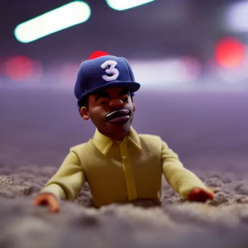 Image similar to a cinematic film still of a claymation stop motion film starring chance the rapper as a college student, shallow depth of field, 8 0 mm, f 1. 8