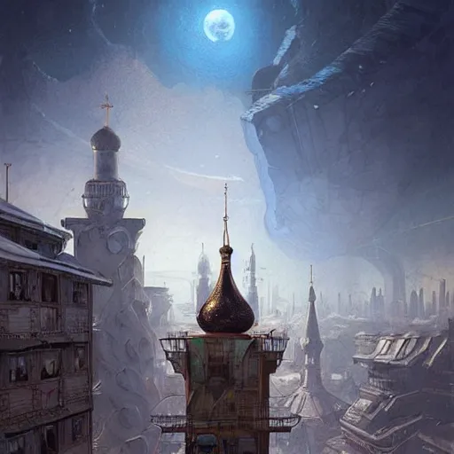 Image similar to It’s crowded streets of Russian panel houses quarters on the Moon city, Norilsk, sci-fi, fantasy, intricate, very very beautiful, elegant, highly detailed composition, digital painting, artstation, concept art, smooth, sharp focus, illustration, art by artgerm and greg rutkowski and alphonse mucha