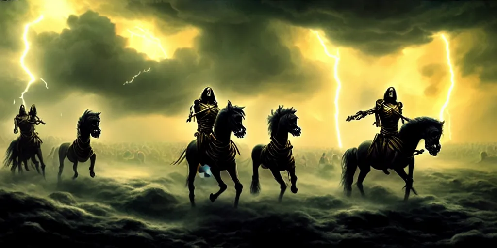 Image similar to ”four horsemen of the apocalypse riding skeleton horses towards the camera [epic, cinematic, scary, intimidating, horror, war, battle, hell, storm clouds, lightning, octane render, 8k, mattepainting, art by wlop and paul lehr and greg rutkowski]”