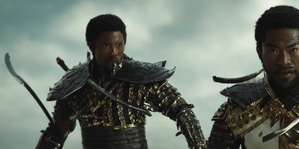 Image similar to a film still of a black man starring in a japanese blockbuster film as samurai, futuristic, shallow depth of field, cinematic, award winning cgi, vfx, film still