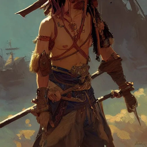 Image similar to a pirate warrior getting ready to battle, highly detailed, digital painting, artstation, concept art, sharp focus, illustration, art by greg rutkowski and alphonse mucha