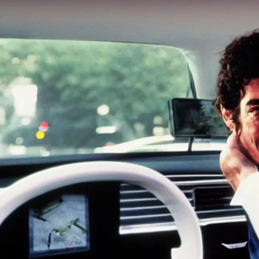 Prompt: photo of Ayrton Senna talking on smarthphone, driving a tesla
