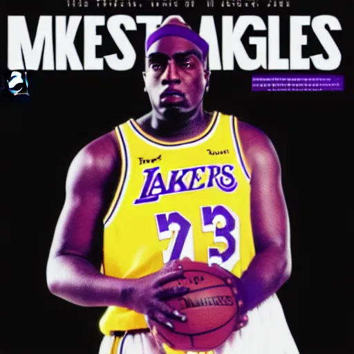 Prompt: tupac shakur in lakers jersey, biggie smalls in a nets jersey, 9 0's magazine cover, digital art, octane render