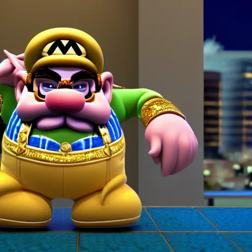 Image similar to cinematic shot of Wario wearing designer clothing and a gold chain in a luxury penthouse at night, 8k, dslr, professional lighting,