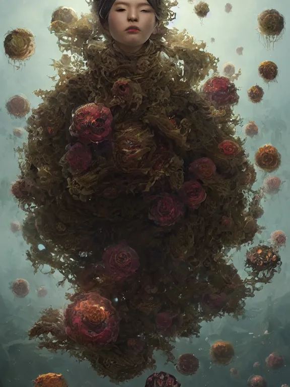 Image similar to a fancy portrait of a giant floating flower and jellyfish by Greg Rutkowski, Sung Choi, Mitchell Mohrhauser, Maciej Kuciara, Johnson Ting, Maxim Verehin, Peter Konig, Bloodborne , 8k photorealistic, cinematic lighting, HD, high details, atmospheric , trending on artstation