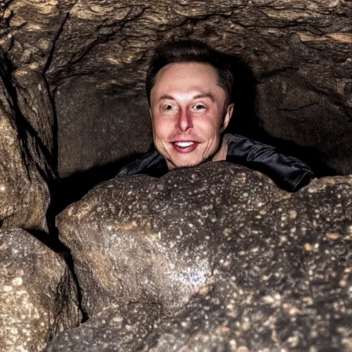 Image similar to photo inside a cavern of a wet reptilian humanoid rapper elon musk partially hidden behind a rock, with black eyes, open mouth and big teeth