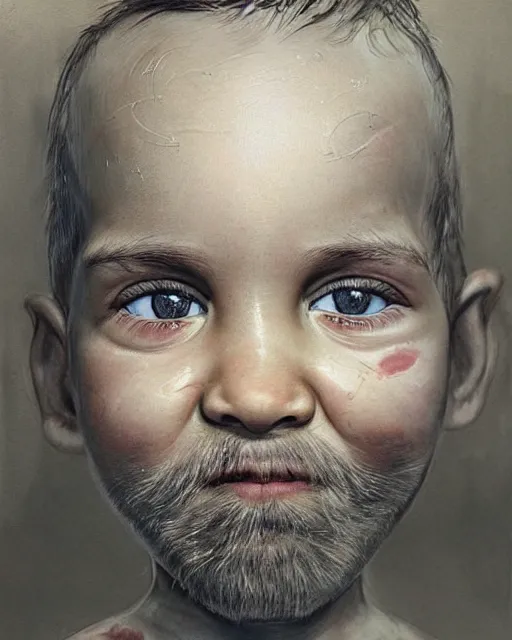 Image similar to portrait of a 5 year old child, with old wrinkly skin and a scruffy beard, very detailed eyes, hyperrealistic, very detailed painting by Joao Ruas, by Artgerm