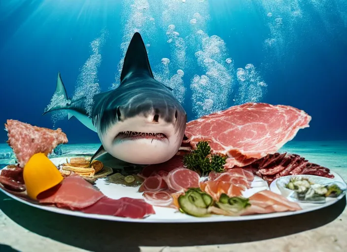 Image similar to underwater photo still of a great white shark eating a charcuterie platter at the bottom of the ocean, underwater lighting, light rays, bubbles, 8 k