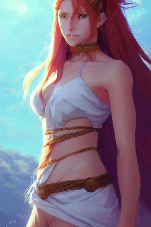 Prompt: long ginger hair, tanned woman in a prehistoric outfit, green eyes, by artgerm, hair tied in a ponytail, white backdrop, soft lighting, blue and purple colors, by greg rutkowski makoto shinkai takashi takeuchi