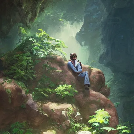 Prompt: a painting of a pilot sitting in a rock on a jungle!, an ultrafine detailed painting by mandy jurgens, featured on deviantart, fantasy art, 2 d game art, ilya kuvshinov, steampunk