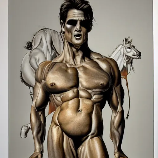 Image similar to beautiful lifelike painting of a centaur centaur centaur chimera tom cruise torso, hyperreal detailed facial features and uv lighting, art by ed roth and basil wolverton