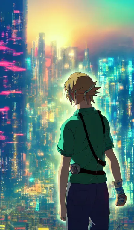 Image similar to anime fine details portrait of Link in front of cyberpunk moder city landscape on the background deep bokeh, close-up view, anime masterpiece by Studio Ghibli. 8k, sharp high quality anime, artstation