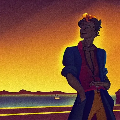 Prompt: Guybrush Threepwood from Monkey Island, golden hour, artstation, in the style of Art Deco and Edward Hopper and Bosch, extremely detailed