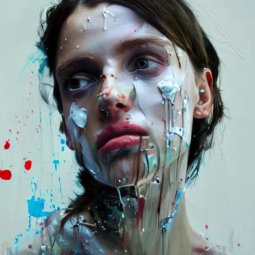 Image similar to portrait of a woman, paint spit on canvas, by alexa meade and lee ellis, highly detailed, sharp, in focus, matte painting, mixed media