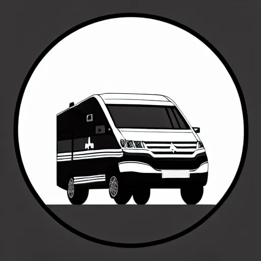 Image similar to very very very minimal vector graphic of a white and black thor chateau motorhome, color highway, mountains and sunset!!, all enclosed in a circle, white background, dramatic, professional minimal graphic design cartoon, award winning