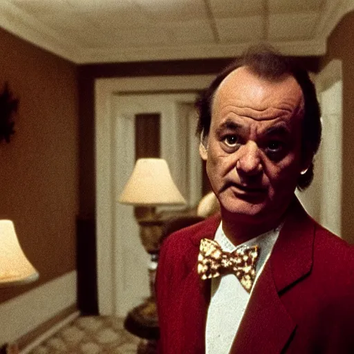 Prompt: bill murray in the shining, movie still, promotional shot