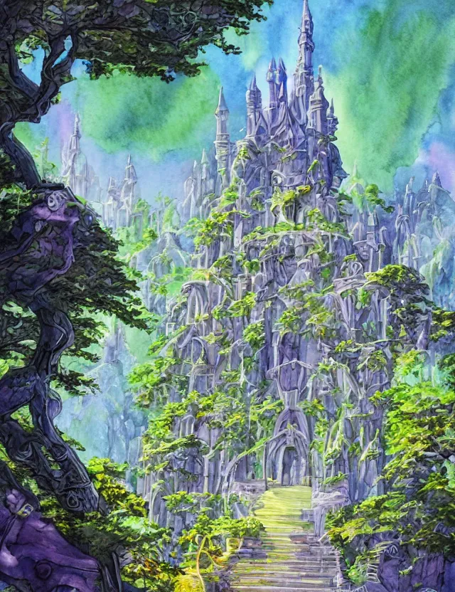 Prompt: futuristic scifi elven castle in springtime. this watercolor painting by the beloved children's book author has interesting color contrasts, plenty of details and impeccable lighting.