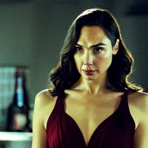Prompt: still of gal gadot as female tony soprano in remake of the sopranos, in a meeting at the bada bing!,
