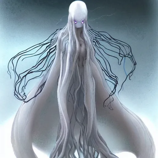 Image similar to concept designs for an ethereal ghostly wraith like figure with a squid like parasite latched onto its head and long tentacle arms that flow lazily but gracefully at its sides like a cloak while it floats around a frozen rocky tundra in the snow searching for lost souls and that hides amongst the shadows in the trees, this character has hydrokinesis and electrokinesis for the resident evil village video game franchise with inspiration from the franchise Bloodborne and the mind flayer from stranger things on netflix