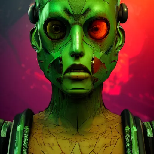 Prompt: cyberpunk fashion, character design humanoid, borderlands 3 style, profile portrait, concept art character modeling, body made of green lava and fire, marvelous designer, z brush, maya, digital 3 d, 4 k, epic size, epic scale, ultra detailed digital art, furry art, macro art, deviantart, realistic