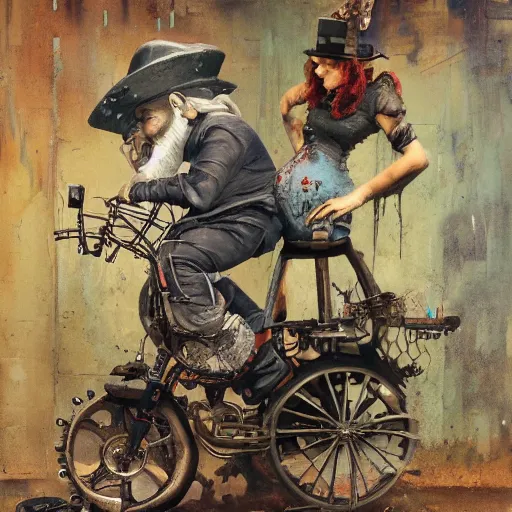 Image similar to Graffiti Spraypaint A gnome gnome riding a steampunk automaton clockwork golem golem jim lambie norman rockwell greg rutkowski alberto sughi elina brotherus robert rauschenberg tombow