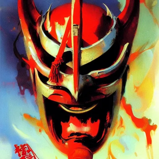 Image similar to samurai mask on hell by by john berkey and mario feng