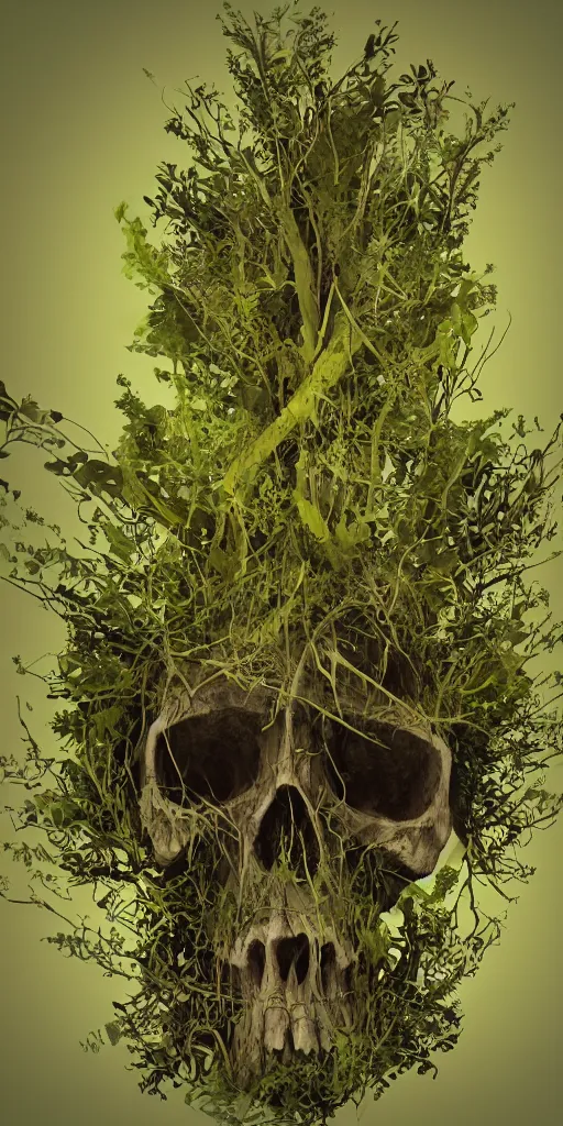 Image similar to abstract overgrown plants skull from a blender render in a jungle, nature taking back, highly detailed, holography