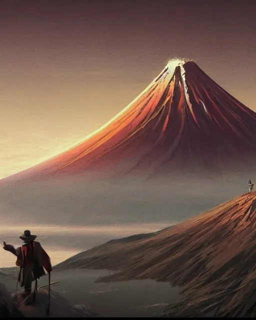 Image similar to a highly detailed epic cinematic concept art CG render digital painting artwork: Mount Fuji . By Greg Rutkowski, in the style of Francis Bacon and Syd Mead and Norman Rockwell and Beksinski, open ceiling, highly detailed, painted by Francis Bacon and Edward Hopper, painted by James Gilleard, surrealism, airbrush, Ilya Kuvshinov, WLOP, Stanley Artgerm, very coherent, triadic color scheme, art by Takato Yamamoto and James Jean