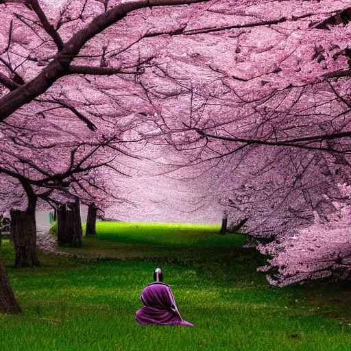 Prompt: A lone samurai watching over a valley of cherry blossom trees, decayed, concept art, HD —H 1024