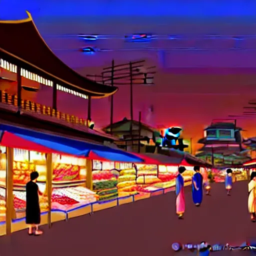 Image similar to an immaculate digital matte painting placid asian street market scene at dusk.