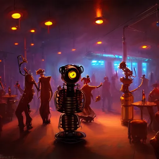 Prompt: steampunk robots dancing at a night club by otto dix and greg rutkowski and andreas rocha, cinematic lighting, warm colours, ultra realistic, unreal engine, trending on artstation, 4 k