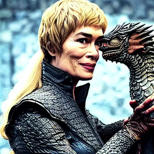 Prompt: “Cersei Lannister, petting her dragon”