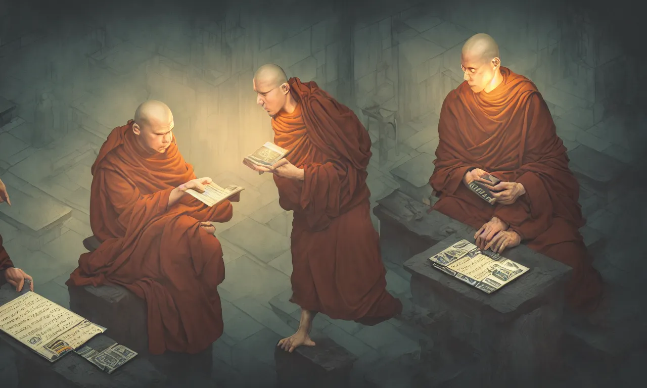 Image similar to monks in distrust, kerberos realm, service ticket close up, wizard reading a directory, nordic pastel colors, abandoned railroad, 3 d art, digital illustration, perfect lighting