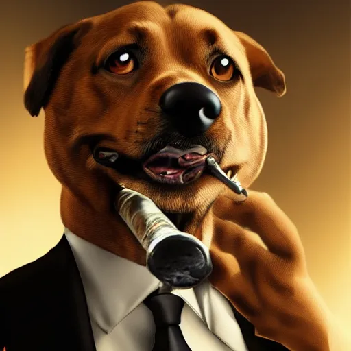 Image similar to a dog wearing a business suit smoking a cigar, dramatic lighting, cinematic, establishing shot, extremly high detail, photorealistic, cinematic lighting, concept art, artstation, style by greg rutkowsky