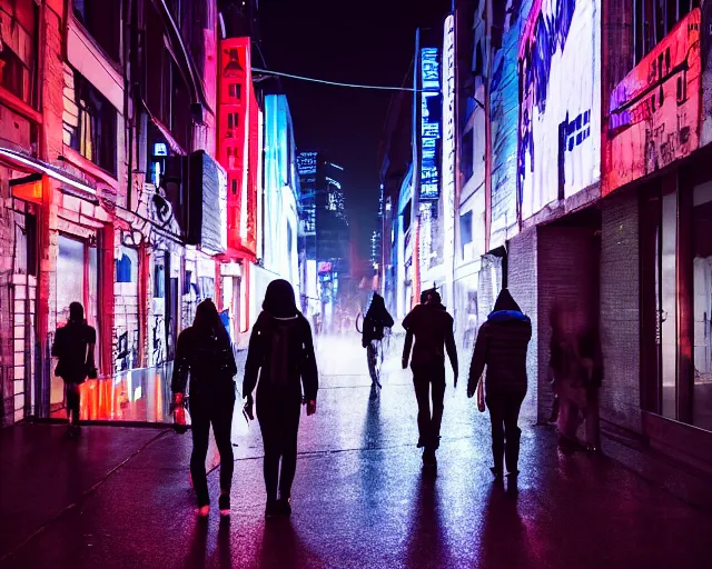 Prompt: people walking down a cyberpunk street at night