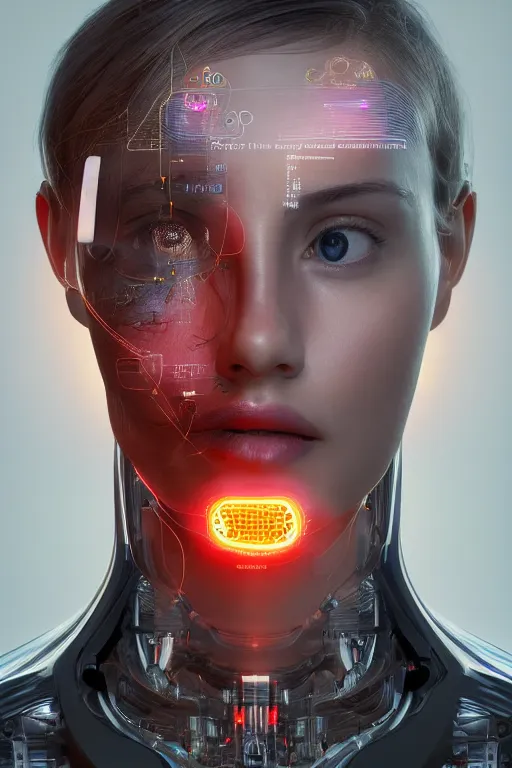 Prompt: realistic human face, machine attachments, integration, natural cyborg, sensors, screens, oled, vibrant, scan, positive, utopia, warm colors, bright, diagnostics, data visualization, high resolution, hdr, octane, digital art