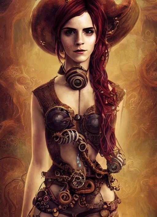 Prompt: underwater steampunk pirate portrait of emma watson, red hair, octopus, hyper detailed, digital art, cinematic lighting, studio quality, smooth render, unreal engine 5, octane rendered, art style by klimt and nixeu and ian sprigger and wlop and krenz cushart.