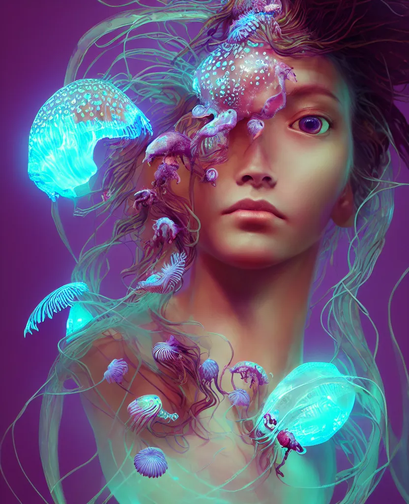 Image similar to goddess close-up portrait. jellyfish phoenix head, nautilus, orchid, skull, betta fish, bioluminiscent creatures, intricate artwork by Tooth Wu and wlop and beeple. octane render, trending on artstation, greg rutkowski very coherent symmetrical artwork. cinematic, hyper realism, high detail, octane render, 8k