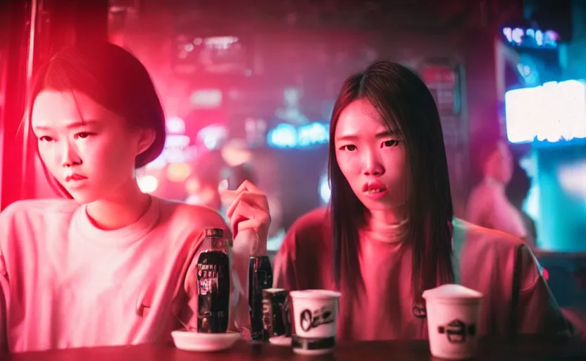 Image similar to cinestill 5 0 d photographic portrait of two female androids wearing streetwear talk at a bar in cyberpunk china, extreme closeup, modern cyberpunk, dust storm, 8 k, hd, high resolution, 3 5 mm, f / 3 2, ultra realistic faces, intricate detail, ex machina