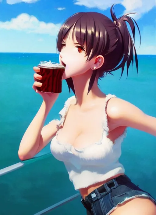 Image similar to full body picture of a extremely beautiful and attractive and cute and aesthetic girl drinking a coke, highly detailed face, very thirsty, dripping on the body, sharp focus, shiny day on the beach, specular reflection, occlusion shadow, trending on artstation, epic light novel cover art, art by ilya kuvshinov and sakimichan and jeremy lipking