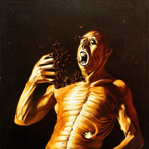 Image similar to saturn devouring a snickers chocolate bar, goya painting, in the style of goya and greg rutkowski, in the style of black paintings, 8 k, highly realistic