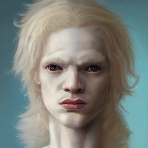 Image similar to a portrait of a beautiful androgynous blond man, albino pale white skin and long fluffy curly blond hair, Center parted curtain bangs, close up view, head and upper body, looking upward, fullface, light from above, by Peter Mohrbacher, trending on artstation, 8k