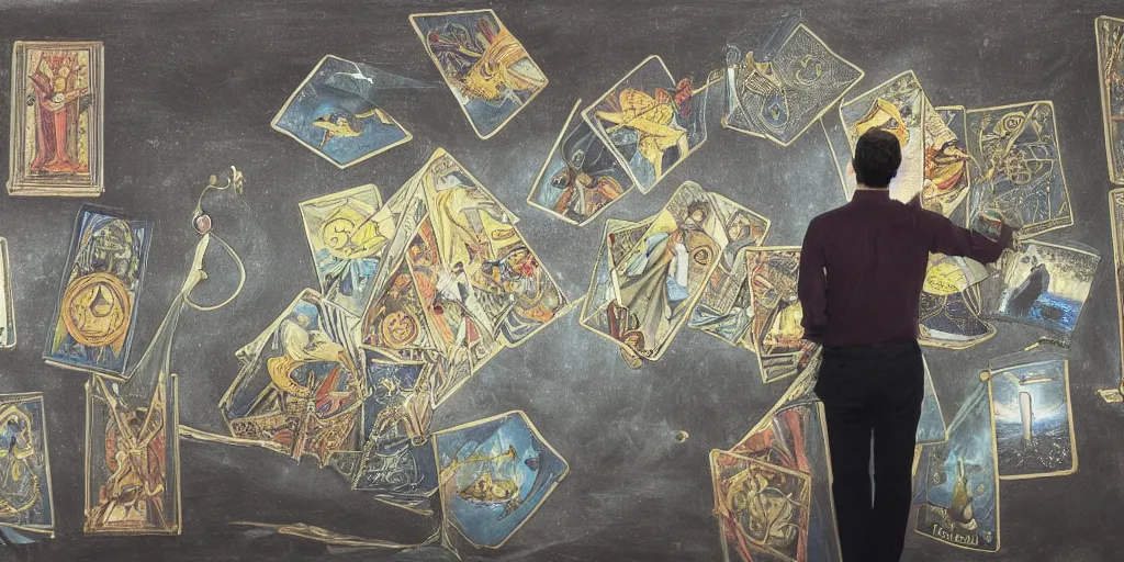 Image similar to back shot of male researcher examining the mysteries of tarot cards on a magical blackboard, fantasy art, matte painting, high quality, digital painting, artwork by terryl whitlatch