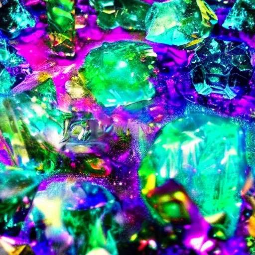 Image similar to light refraction, abstract, crystals, sparkles, in a dark studio room. magical and fantasy material, orb, polished. Some colorful smoke steaming out of it. Mineral auctions, mineral collections, rare mineral. rare raw metal.