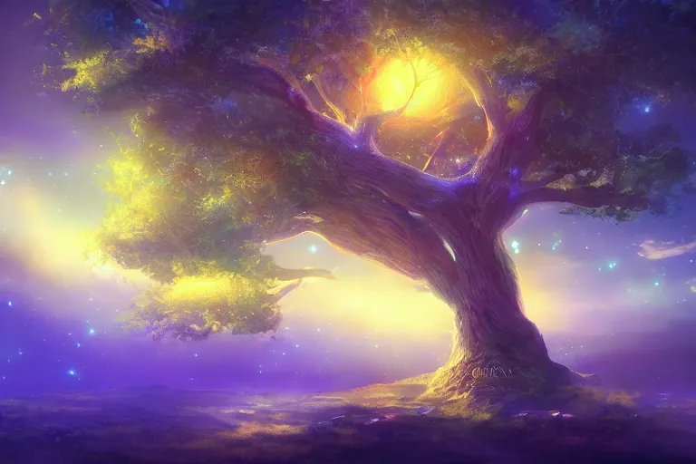 Prompt: magical mother tree of the universe, concept art trending on artstation, glowing effect ,