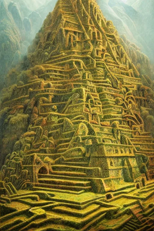 Prompt: intricate stunning highly detailed illustration of the inca lost city of gold, 🌱, by agostino arrivabene and vladimir kush, surreal, digital painting, ultra realistic, dramatic lighting, twisted vines, lush plants, pristine water, artstation