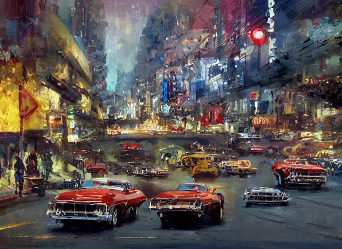 Image similar to hotrods driving down a street , vintage, highly detailed, 4K, by John Berkey