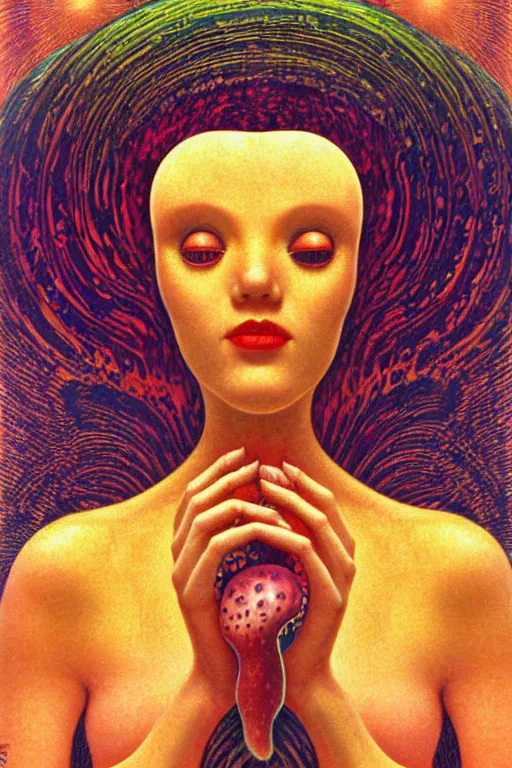 Image similar to 8 0 s art deco close up portait of mushroom head with big mouth surrounded by spheres, rain like a dream oil painting curvalinear clothing cinematic dramatic fluid lines otherworldly vaporwave interesting details epic composition by artgerm rutkowski moebius francis bacon gustav klimt