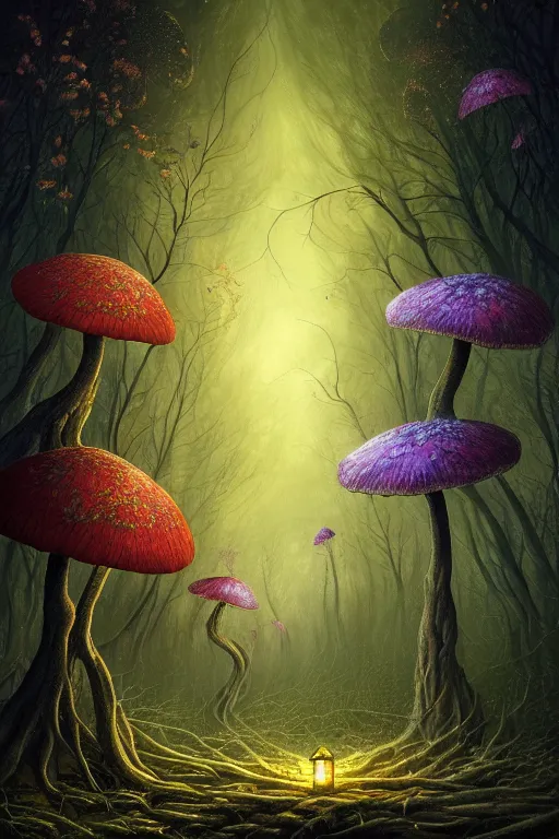 Image similar to a beautiful digital illustration painting of a detailed gothic fantasy fireflies and roots, dark mushroom, flowers by benoit b. mandelbrot, steven belledin, martin johnson heade, lee madgwick, caspar david friedrich, and david rios ferreira. 8 k resolution trending on artstation concept art digital illustration